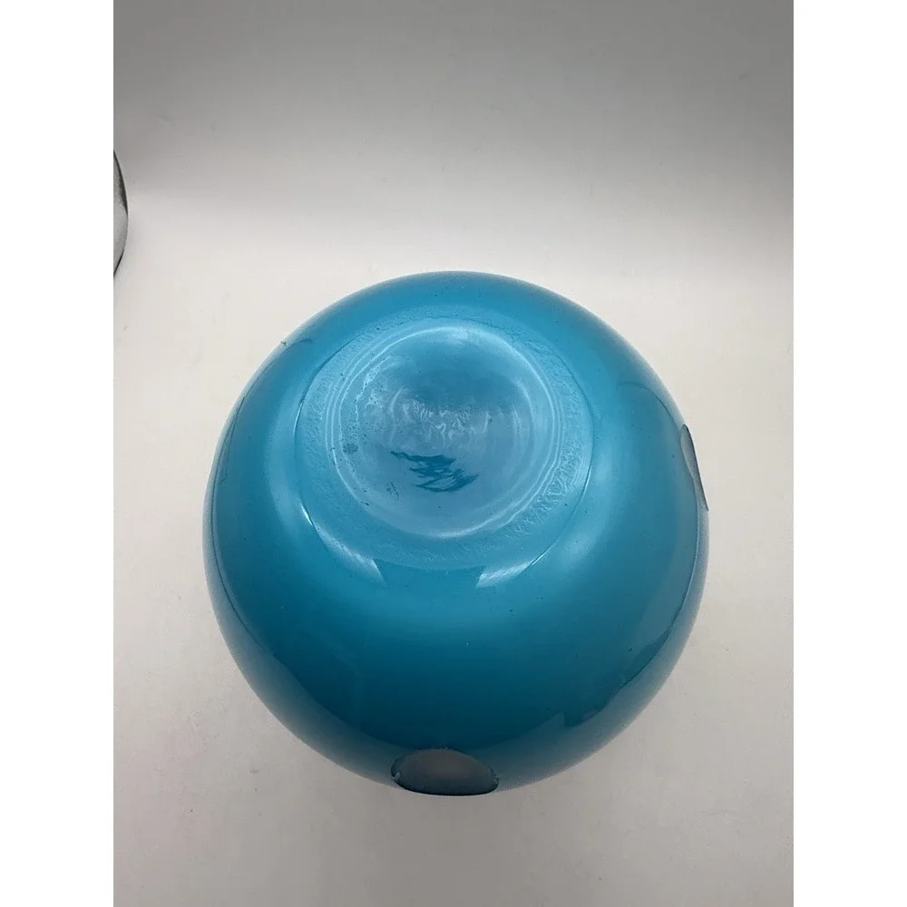 MCM Art Glass Hand Blown BLUE White Vase Modern Art w Circular Indentation 7